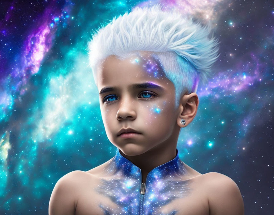 White-Haired Boy with Cosmic Patterns in Star-Studded Space