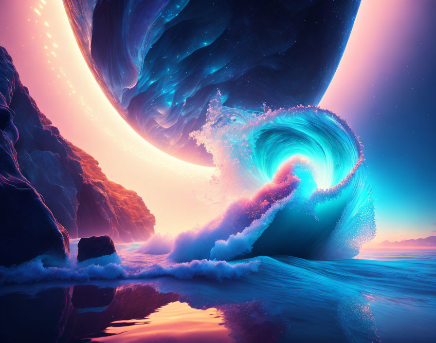 Vibrant cosmic seascape with swirling wave, cliffs, and giant planets in starry sky