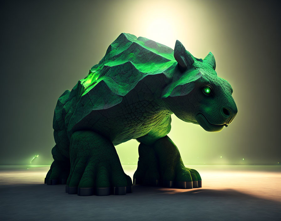 Stylized green glowing tortoise in mystical environment