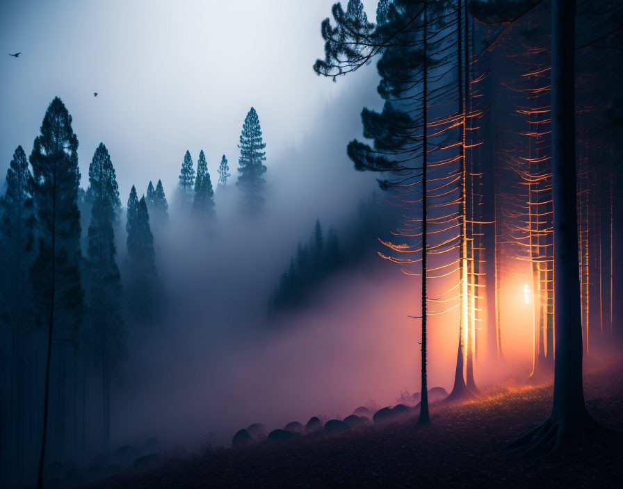 Mystical forest scene with towering trees and ethereal orange glow