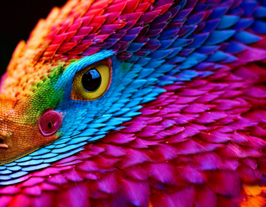 Vibrantly colored bird with purple, blue, green feathers and orange eye area