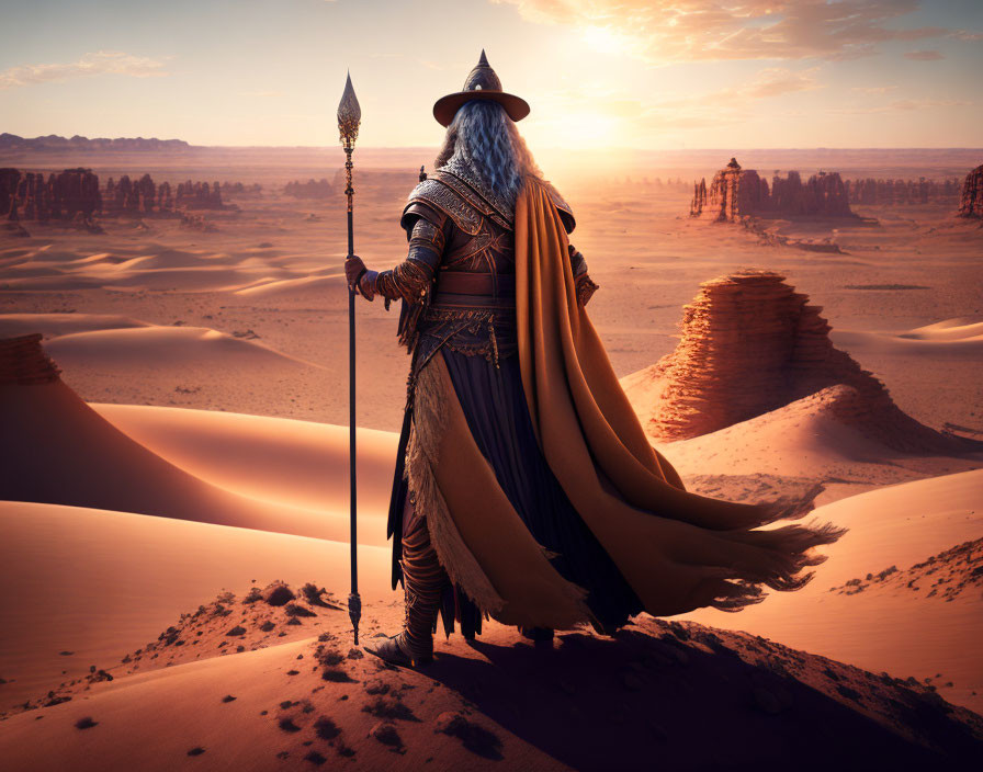 Armored warrior with spear in desert at sunset