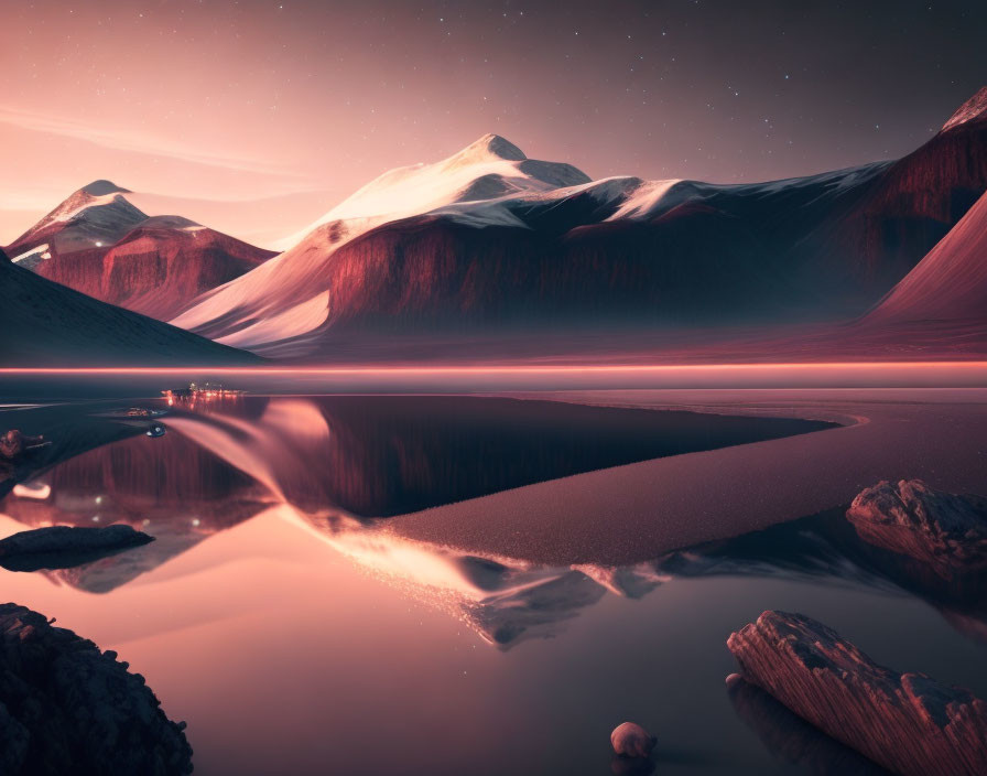 Snowy Peaks Reflecting in Calm Lake at Twilight