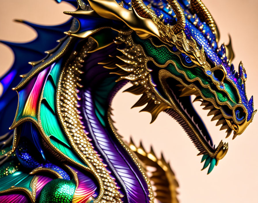 Colorful Digital Art: Ornate Dragon with Gold Details on Warm Background