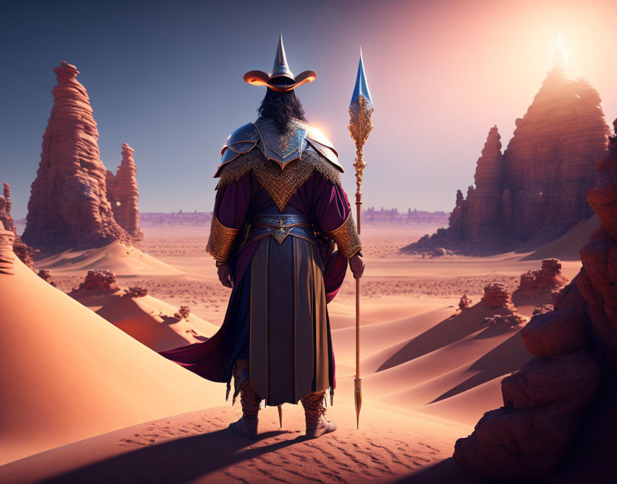 Cloaked figure with spear in desert landscape under clear sky