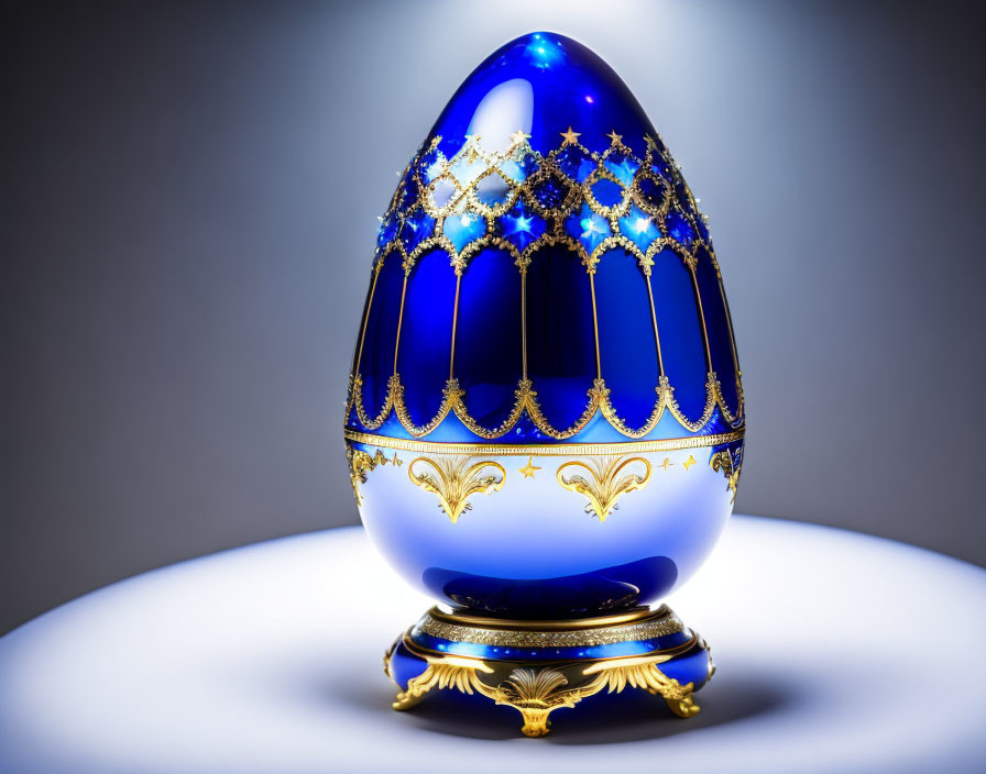 Rich Blue and Gold Decorative Egg on Pedestal with Intricate Patterns