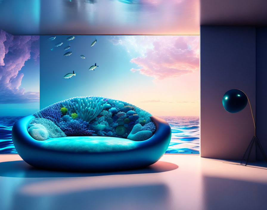 Futuristic room with aquarium ceiling, coral reef couch, sunset view, and modern lamp