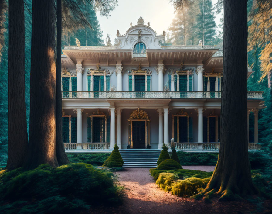 Ornate mansion in sunlight with tall trees and shrubs