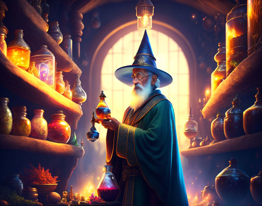 Wizard in Blue Robe Examines Potion in Magical Apothecary