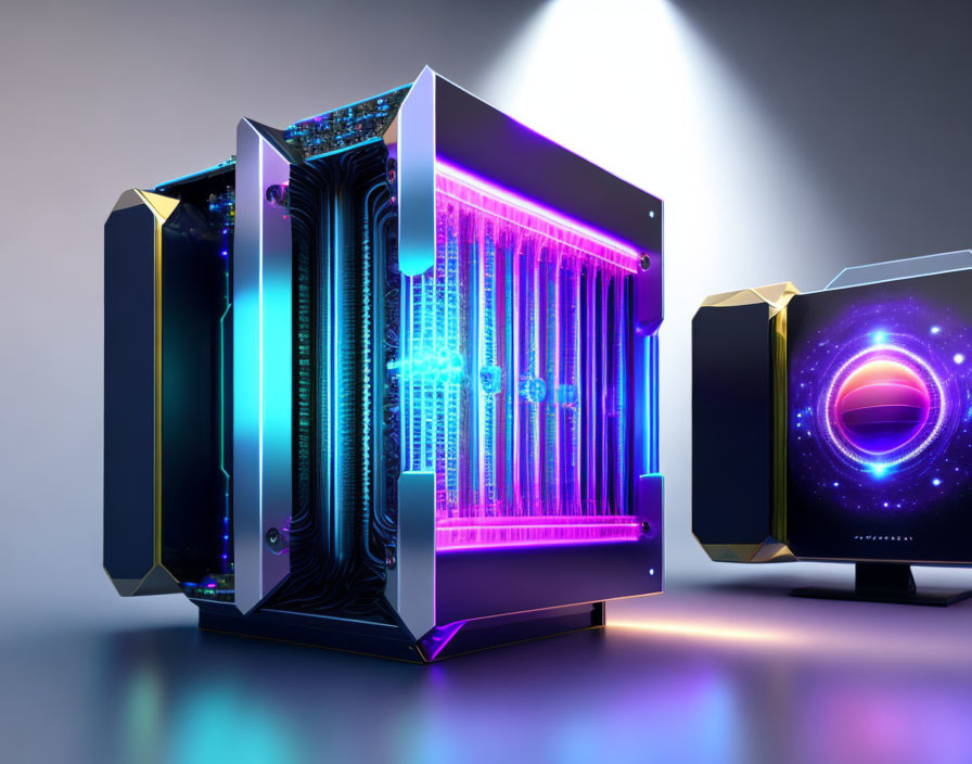 Custom Water Cooled Gaming PC with RGB Lighting & Space-Themed Monitor