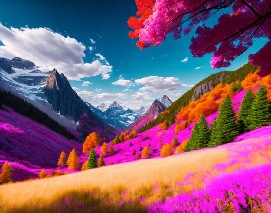 Colorful Landscape with Purple Grass, Colorful Trees, and Snow-Capped Mountains