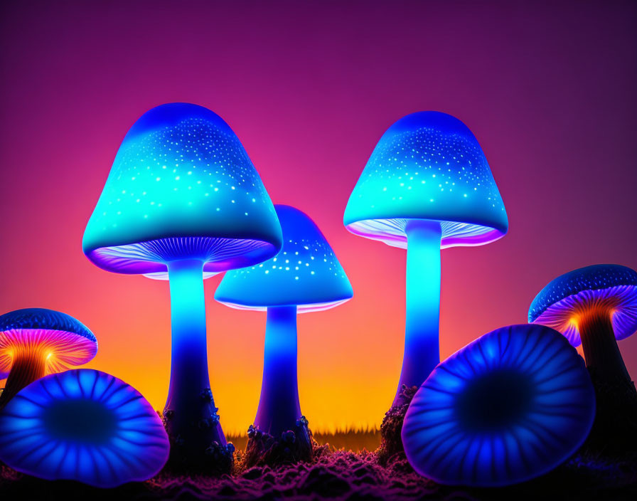 Colorful Digital Art: Oversized Blue Mushrooms on Gradient Background