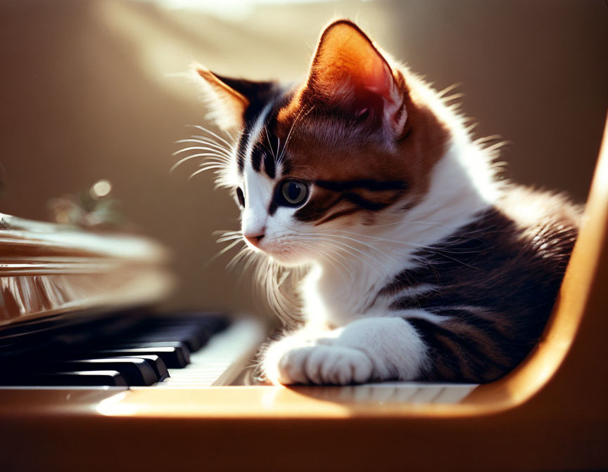 Calico Cat Sitting on Piano Keys in Warm Sunlight