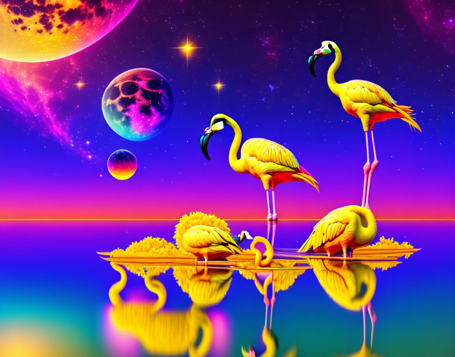 Surreal flamingo landscape with moon, planets, stars & water surface