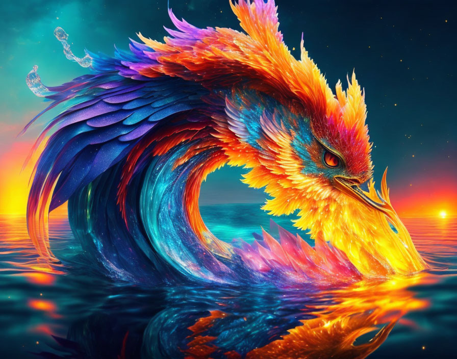 Colorful Phoenix Rising from Water at Sunset Sky