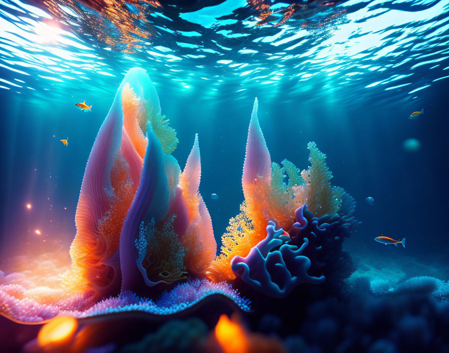 Colorful Coral Formations and Fish in Vibrant Underwater Seascape