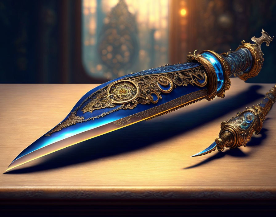 Intricate gold embellished ceremonial dagger on wooden surface