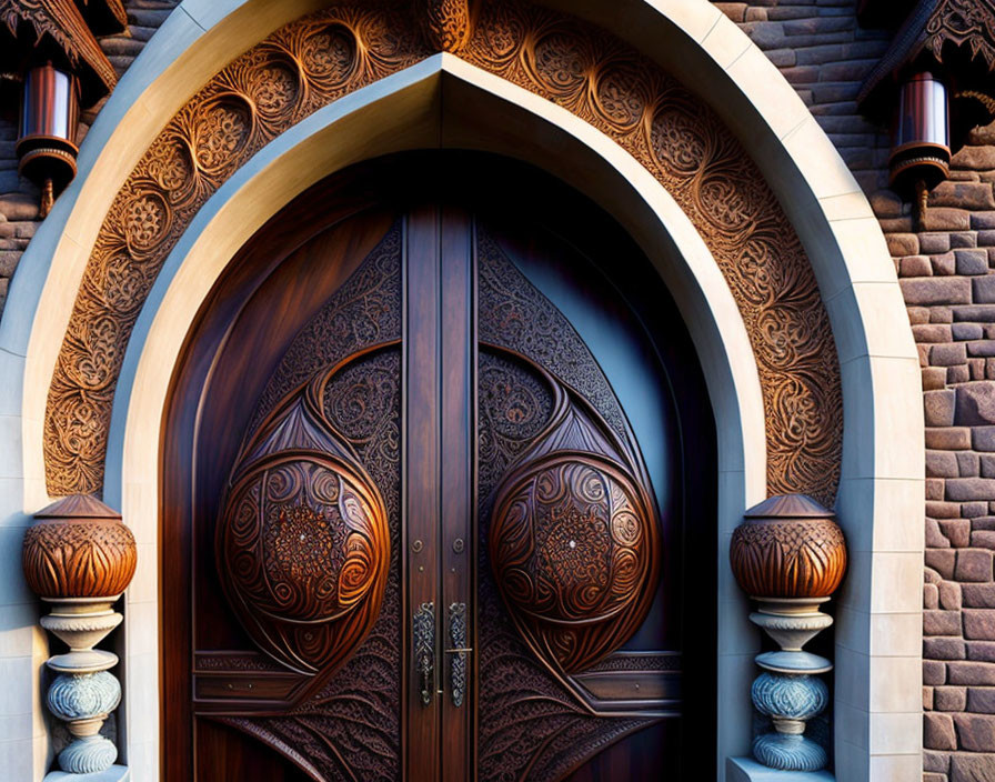 Intricately carved wooden door in stone arched entryway