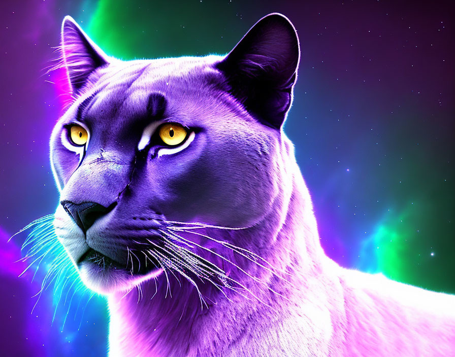 Purple puma with yellow eyes in cosmic setting.