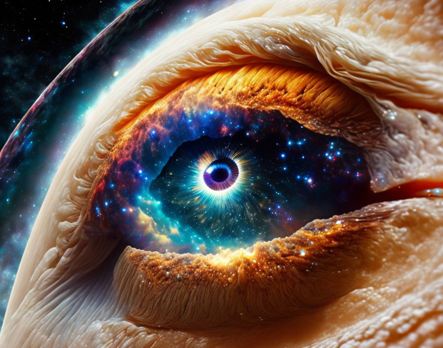 Human eye reflecting cosmic galaxy, merging human and space features.