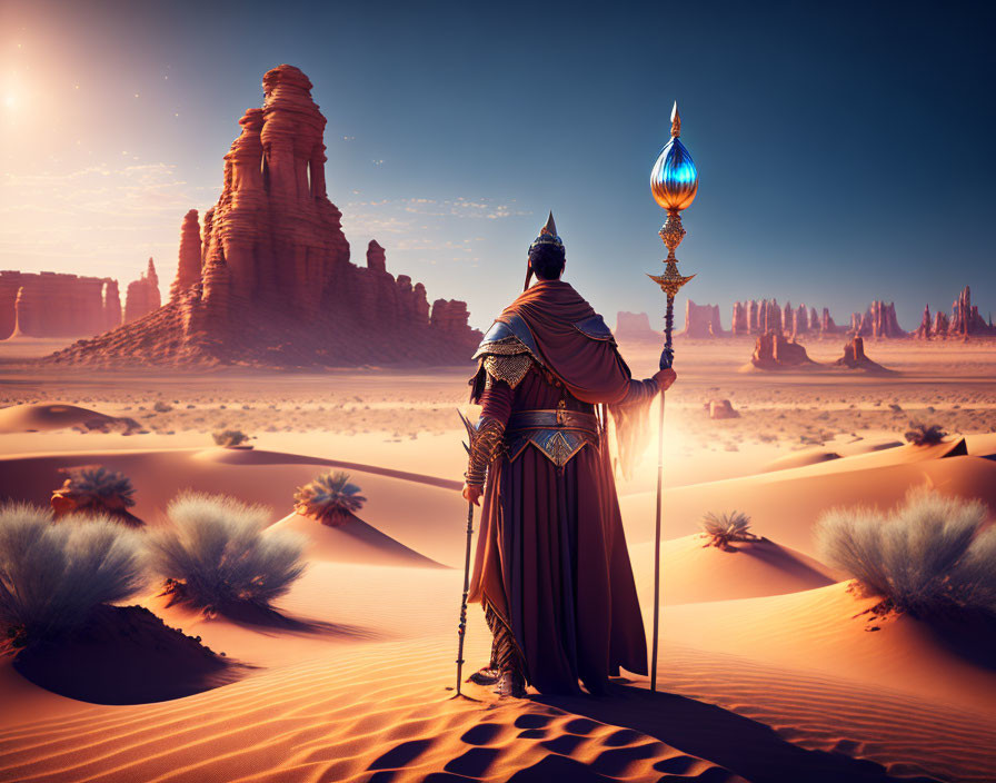 Robed figure in desert with glowing orb staff