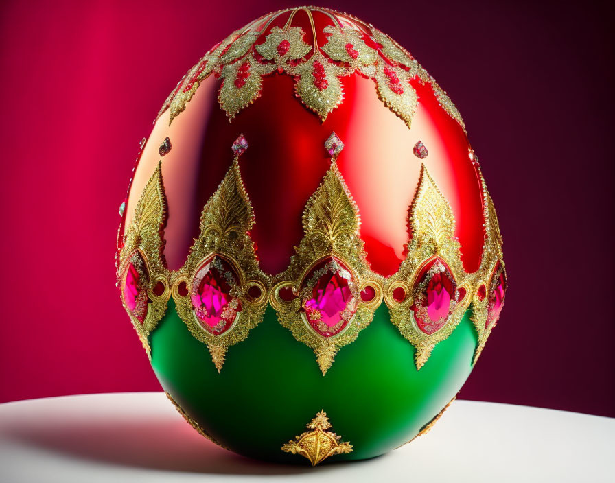 Red and Green Ornate Bauble with Gold Embroidery and Pink Gemstones on White Surface against