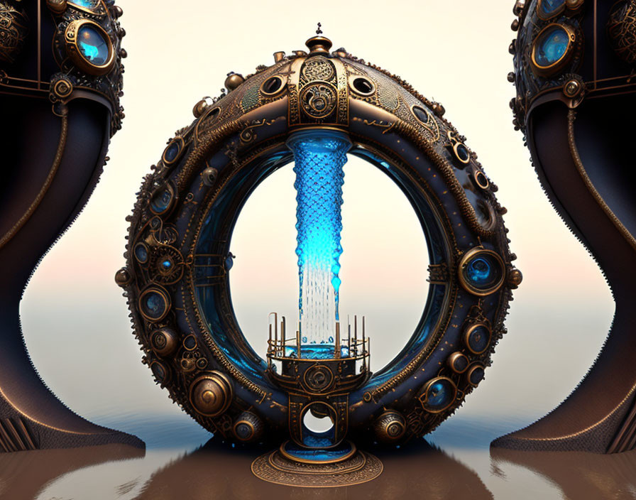 Steampunk-style portal with bronze gears and blue energy core in mechanical setting under serene sky.