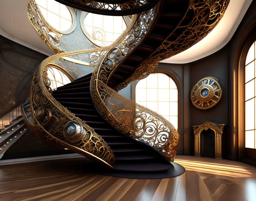 Luxurious Interior with Grand Spiral Staircase and Ornate Details