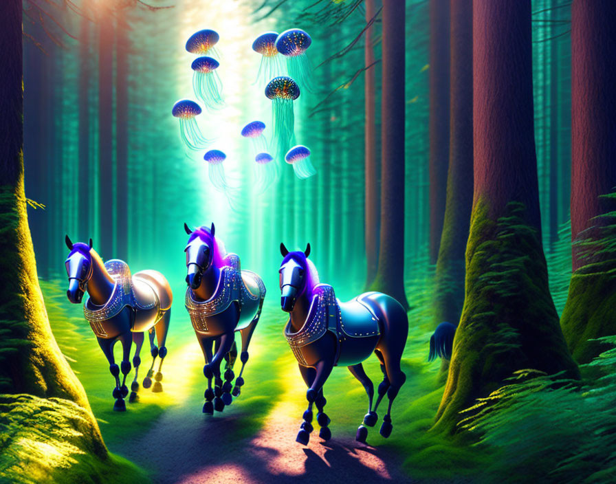 Mechanical horses in blue and silver hues in mystical forest with glowing mushrooms.