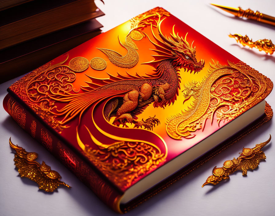 Vibrant red and gold dragon embossed book with stack of books and golden quills