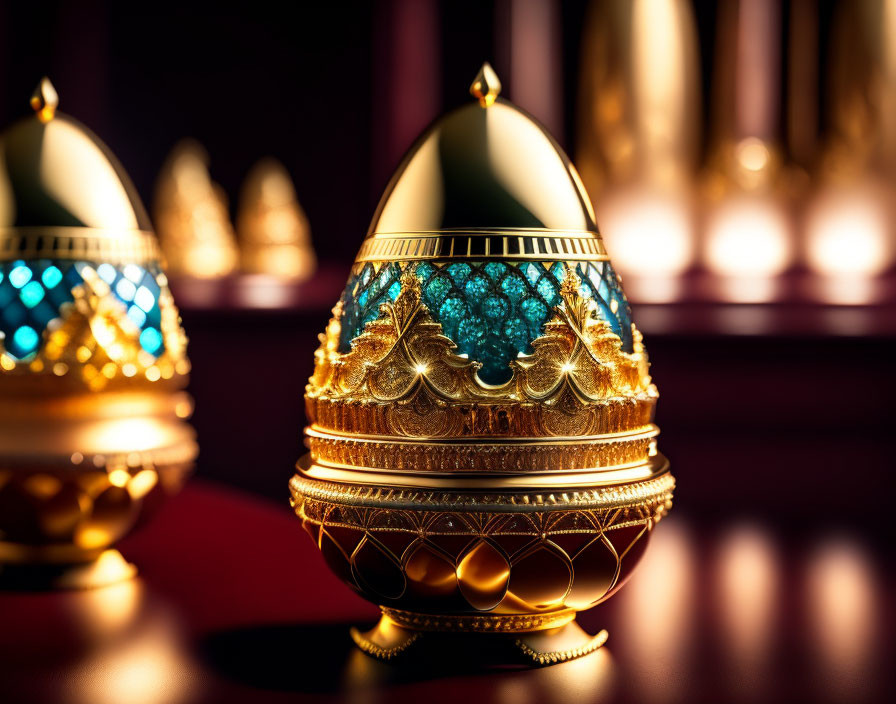 Intricate golden egg with turquoise gemstones on bokeh background