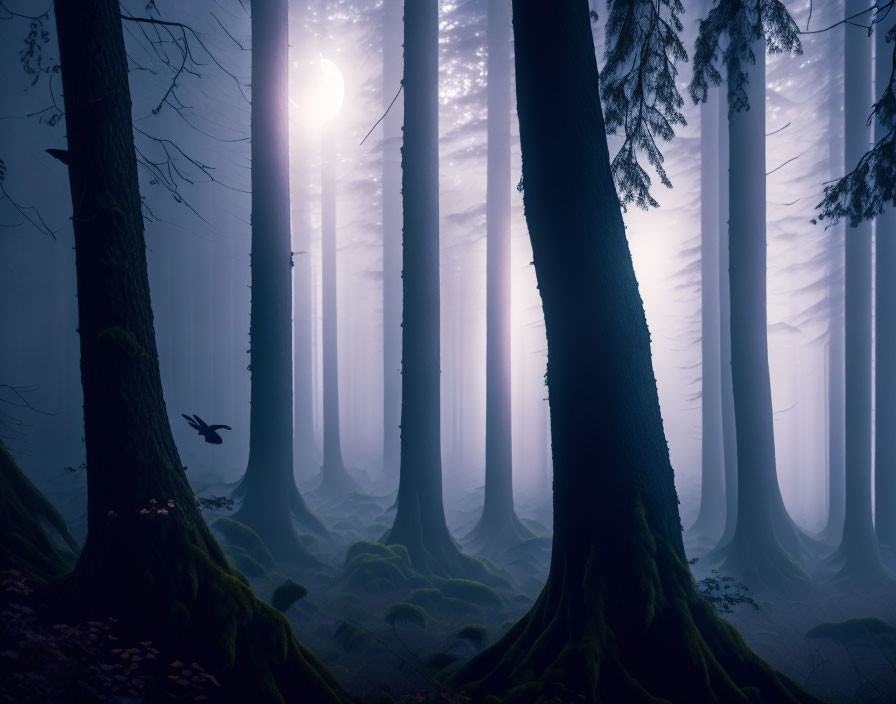 Twilight misty forest with silhouetted trees and moonlit glow