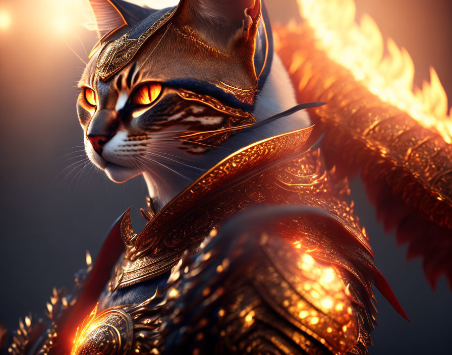 Regal Fantasy Warrior Cat in Ornate Armor and Fiery Plume