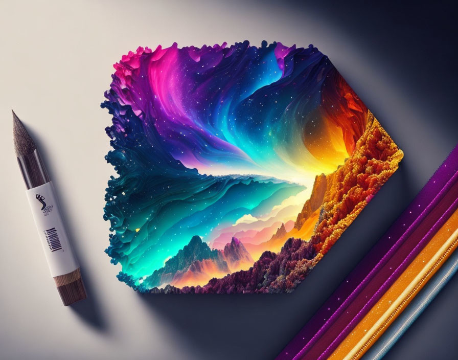 Colorful landscape and cosmic sky artwork with paintbrush and colored pencils