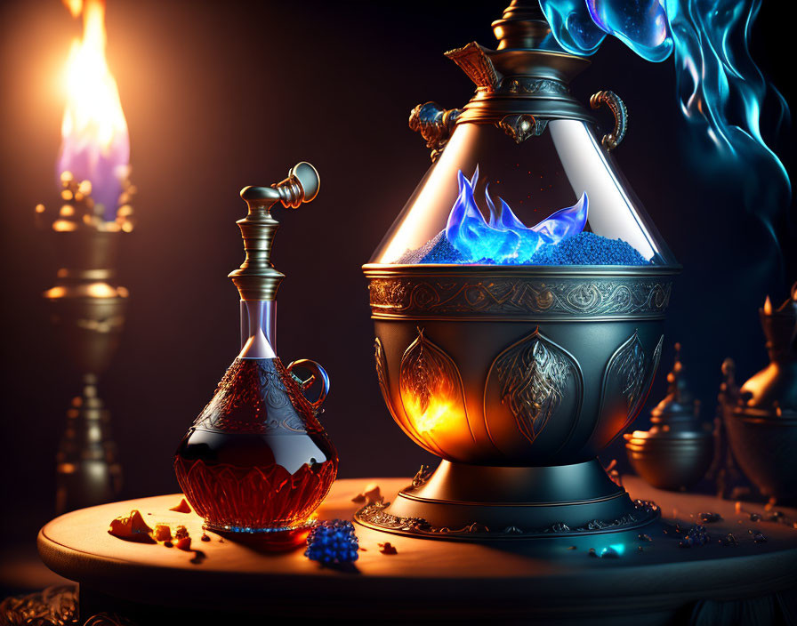 Ornate Samovar with Blue Flames and Red Potion on Table