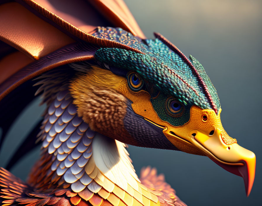 Detailed digital artwork: fantastical eagle-like creature with vibrant, multicolored feathers.