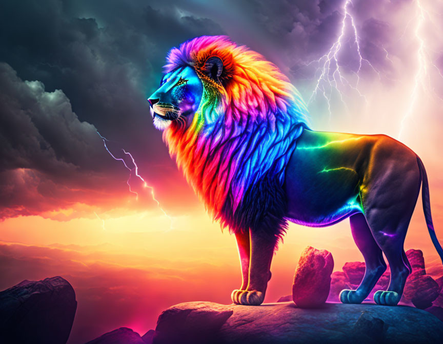 Colorful Rainbow Lion on Rocky Outcrop Under Dramatic Sky