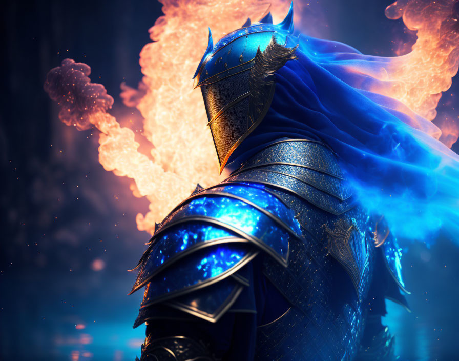 Majestic knight in glowing blue armor against fiery backdrop