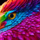 Vibrantly colored bird with purple, blue, green feathers and orange eye area