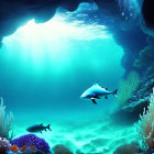 Vibrant coral reef with two large fish swimming underwater