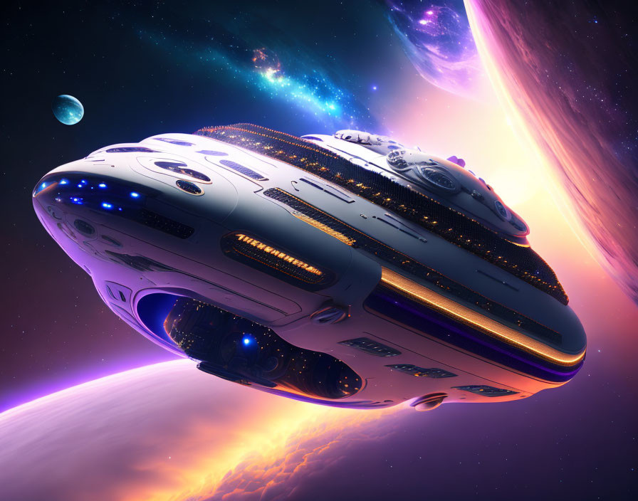 Futuristic spaceship with intricate designs in space illuminated by galaxy and neon nebula