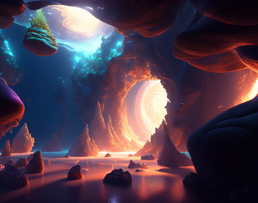 Surreal landscape with floating islands and nebulae in the sky