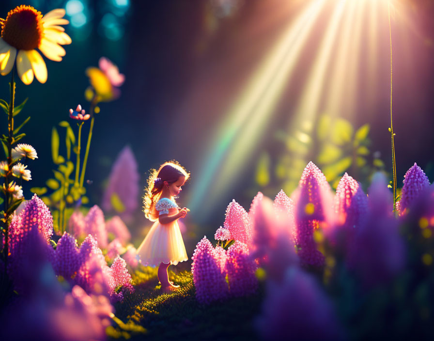 Young girl in yellow dress surrounded by purple flowers under sunbeams