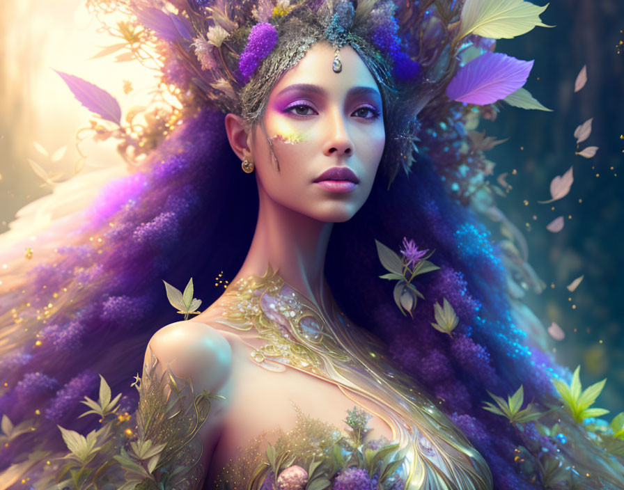 Woman portrait with nature-inspired adornments in magical forest.