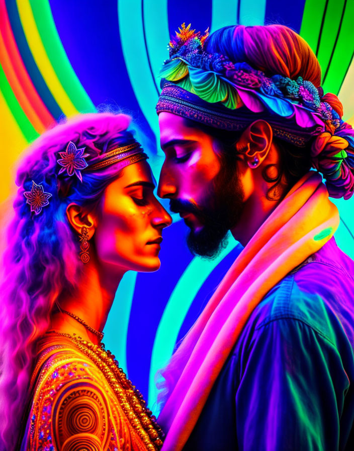 Vibrant neon psychedelic portrait of man and woman in close embrace