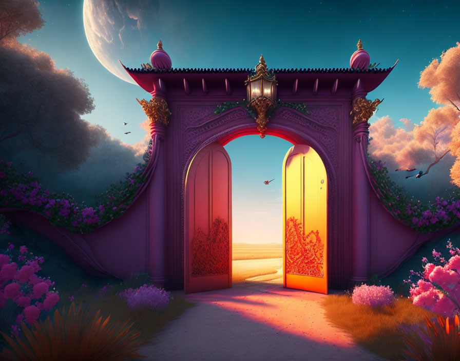 Fantasy archway in sunset sky with whimsical clouds, purple flora, birds, crescent moon