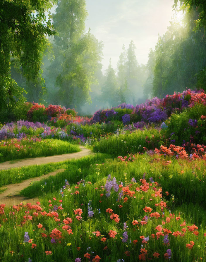 Tranquil garden path with vibrant wildflowers and sunlight.