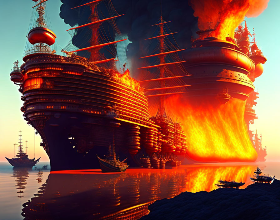 Futuristic ship on fire at sea during sunset