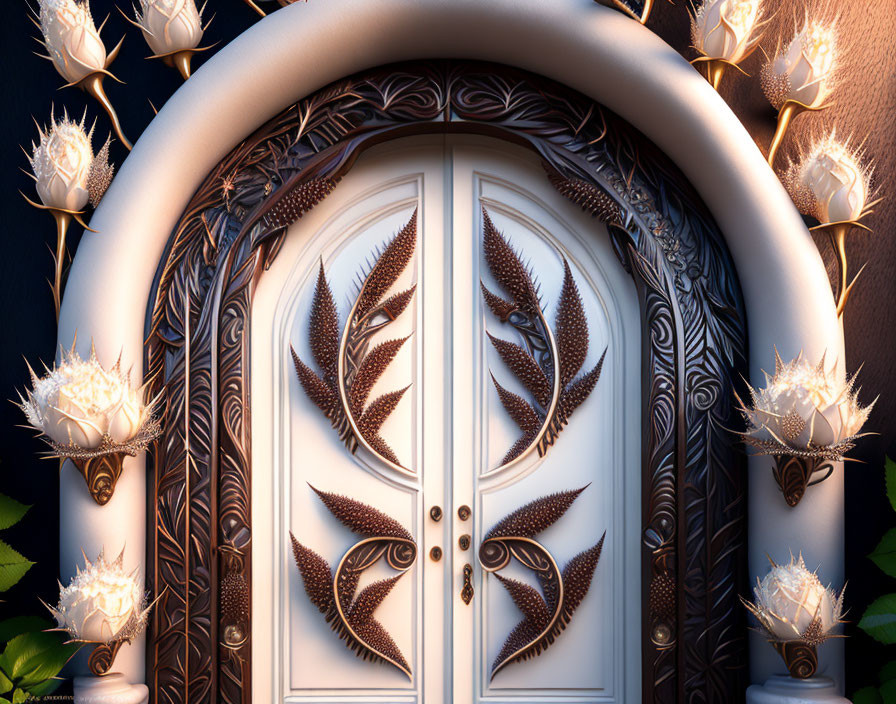 Intricate leaf design double door with glowing white flowers on dark background