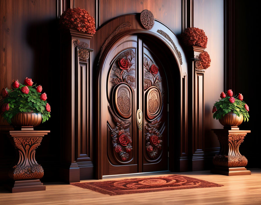 Intricately carved wooden double door with round glass windows and potted plants